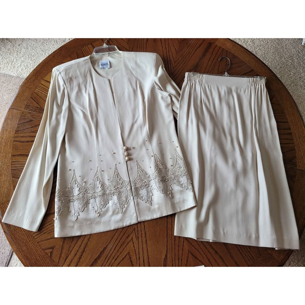 R&M Richards by Karen Kwong Skirt Suit Set Pearl Beaded‎ Lace Trim Ivory Size 10